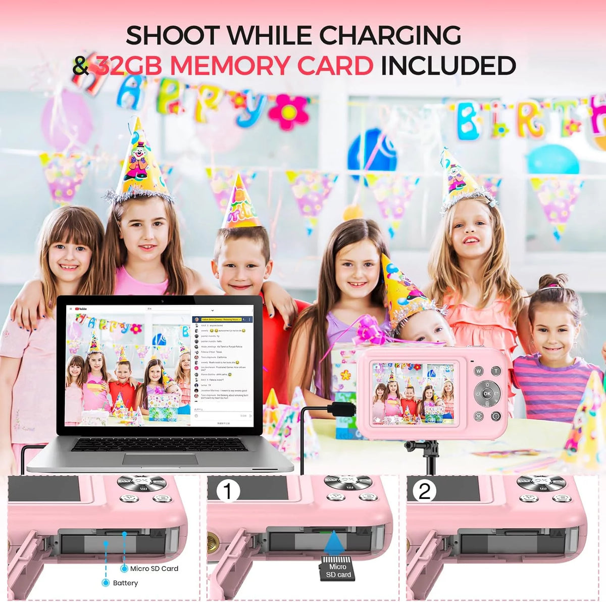 Kids Digital Camera with 32GB Card, FHD 1080P, 44MP, 16X Digital Zoom, Portable Vlogging Camera (Pink)