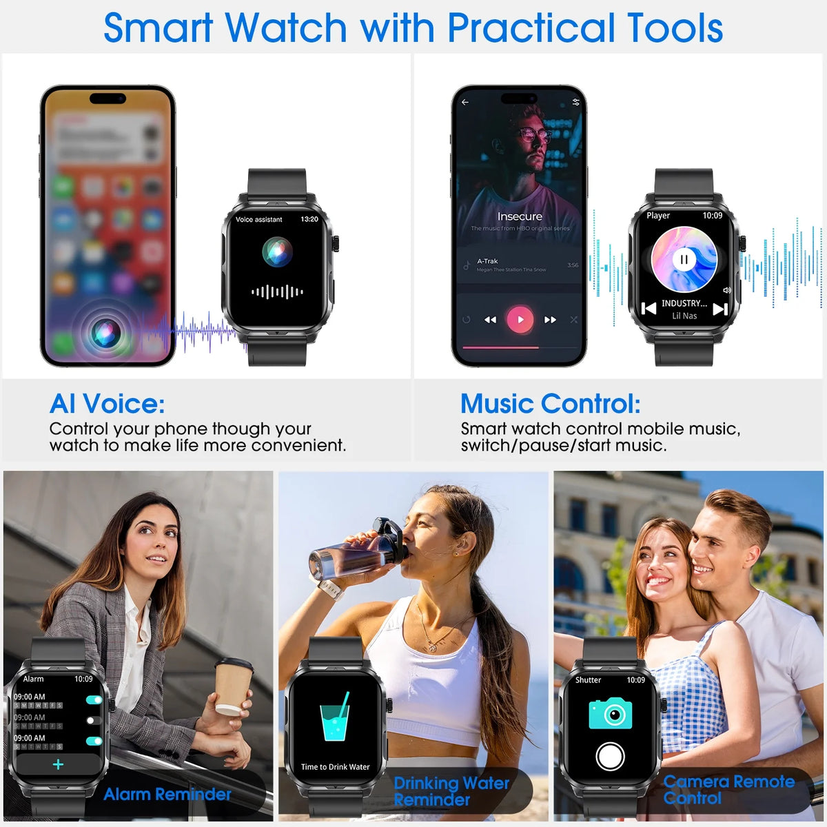H5 Bluetooth Call Smart Watch, IP68 Waterproof Fitness Tracker for Men and Women, Black