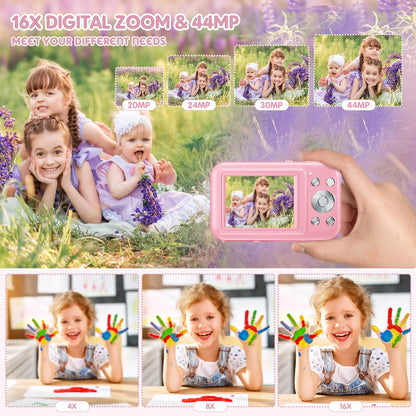 Kids Digital Camera with 32GB Card, FHD 1080P, 44MP, 16X Digital Zoom, Portable Vlogging Camera (Pink)