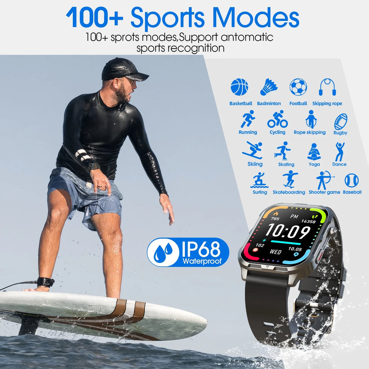 H5 Bluetooth Call Smart Watch, IP68 Waterproof Fitness Tracker for Men and Women, Black