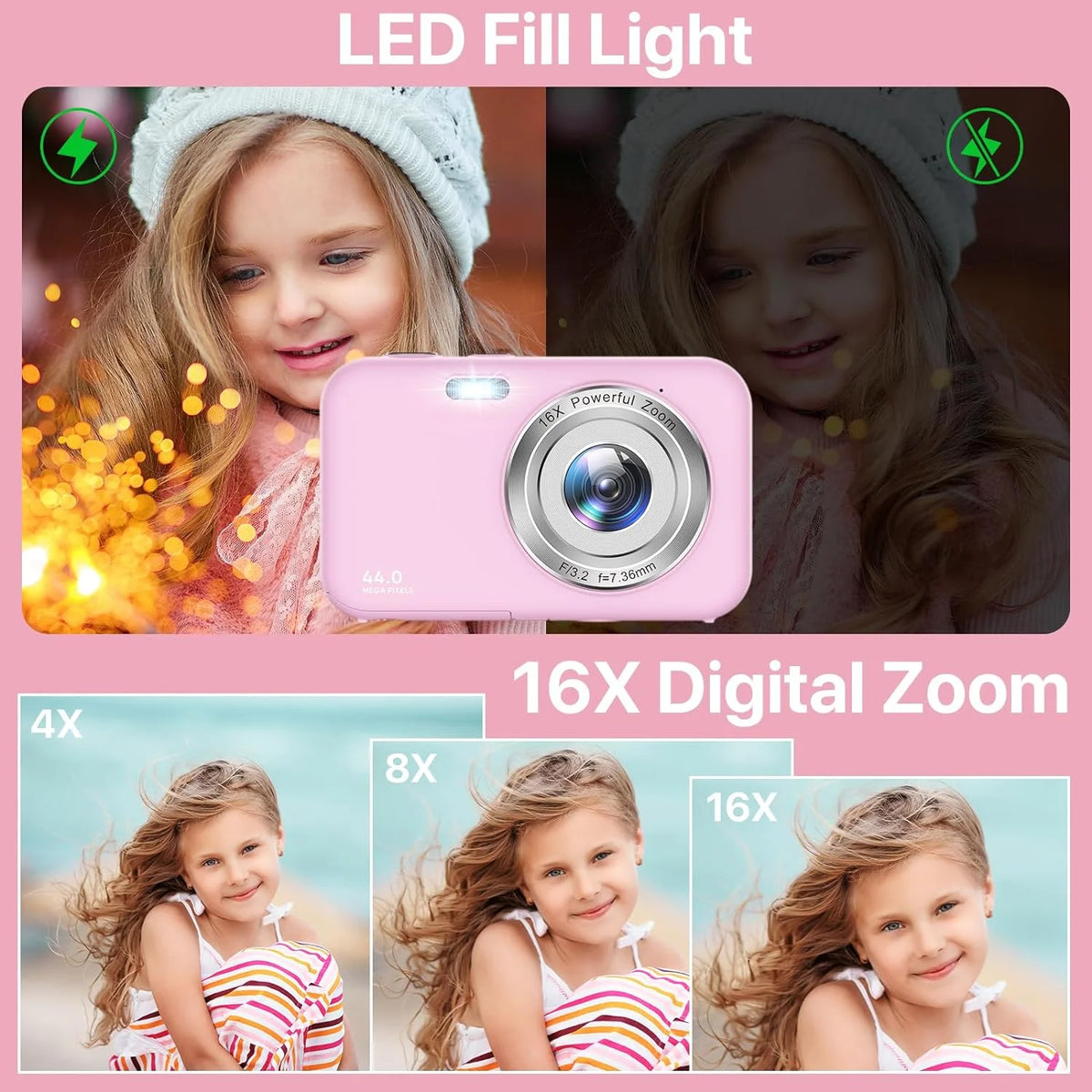 Kids Digital Camera with 32GB Card, FHD 1080P, 44MP, 16X Digital Zoom, Portable Vlogging Camera (Pink)