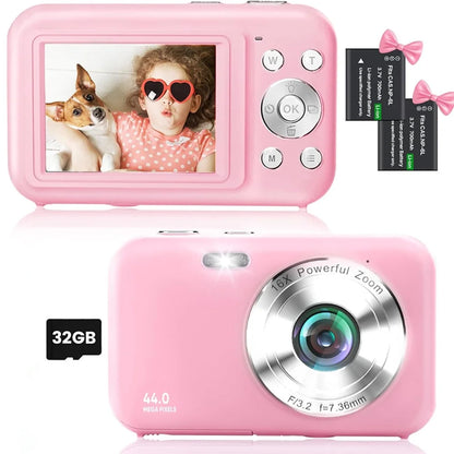 Kids Digital Camera with 32GB Card, FHD 1080P, 44MP, 16X Digital Zoom, Portable Vlogging Camera (Pink)