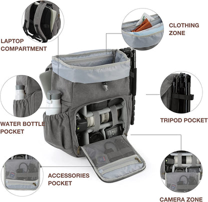 Professional DSLR Waterproof Camera Backpack with Anti-Theft Design, Accommodates Up to 15" Laptop, Includes Rain Cover, Grey