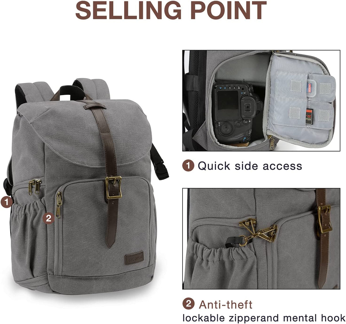 Professional DSLR Waterproof Camera Backpack with Anti-Theft Design, Accommodates Up to 15" Laptop, Includes Rain Cover, Grey