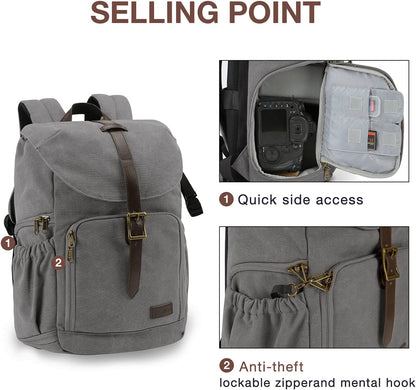 Professional DSLR Waterproof Camera Backpack with Anti-Theft Design, Accommodates Up to 15" Laptop, Includes Rain Cover, Grey