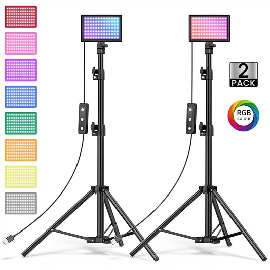LED Video Light Kit - 2 Pack Dimmable Remote-Controlled Photography Lights with Tripods, 10 Brightness Levels, 9 Color Filters, USB Powered for YouTube and TikTok