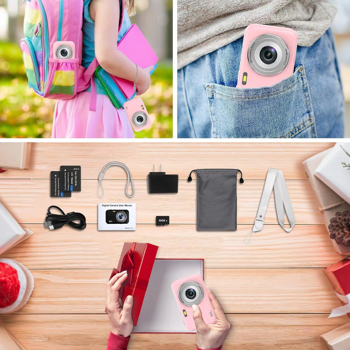 Kids Digital Camera with 32GB Card, FHD 1080P, 44MP, 16X Digital Zoom, Portable Vlogging Camera (Pink)