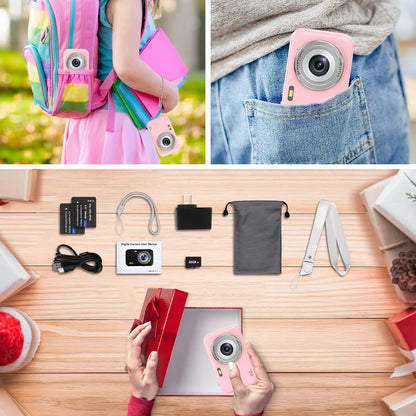 Kids Digital Camera with 32GB Card, FHD 1080P, 44MP, 16X Digital Zoom, Portable Vlogging Camera (Pink)